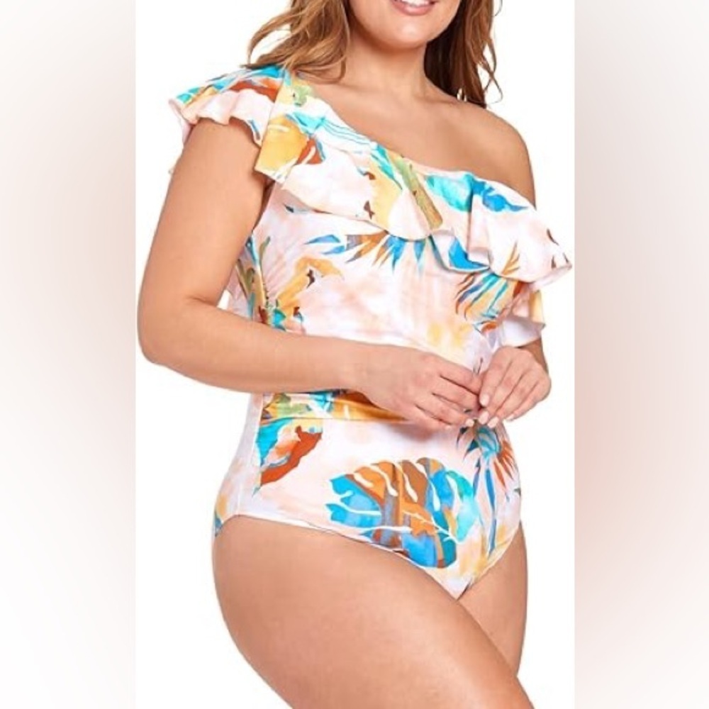 NEW LYSA PLUS Size Women Sonia one piece One-Shoulder Tropical Print Swimsuit